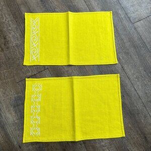 Vtg 60s Hand Embroidered Papua New Guinea Bright Sunshine Yellow Placemats x2